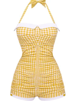Clearance Retro Stage Gingham 1950s Halter Bowknot One-piece Swimsuit