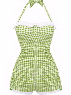 Sale Retro Stage Gingham 1950s Halter Bowknot One-piece Swimsuit