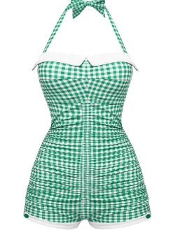 Sale Retro Stage Gingham 1950s Halter Bowknot One-piece Swimsuit