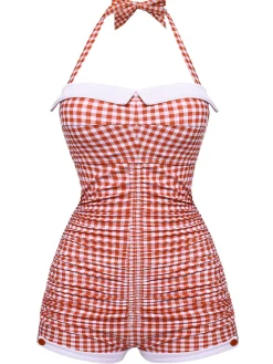 Hot Retro Stage Gingham 1950s Halter Bowknot One-piece Swimsuit