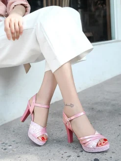 Clearance Retro Stage Glitter PU Leather High Heel Sandals