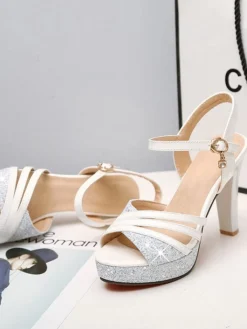 Clearance Retro Stage Glitter PU Leather High Heel Sandals