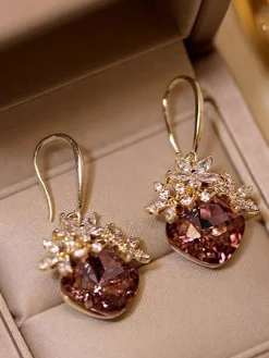 Clearance Retro Stage Gold Oval Rhinestones Flower Earrings