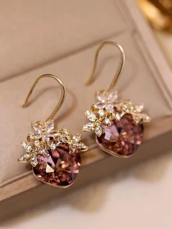 Clearance Retro Stage Gold Oval Rhinestones Flower Earrings