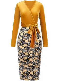 Sale Retro Stage 1960s Floral Patchwork Wrap Belted Dress Gold