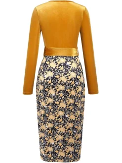 Sale Retro Stage 1960s Floral Patchwork Wrap Belted Dress Gold