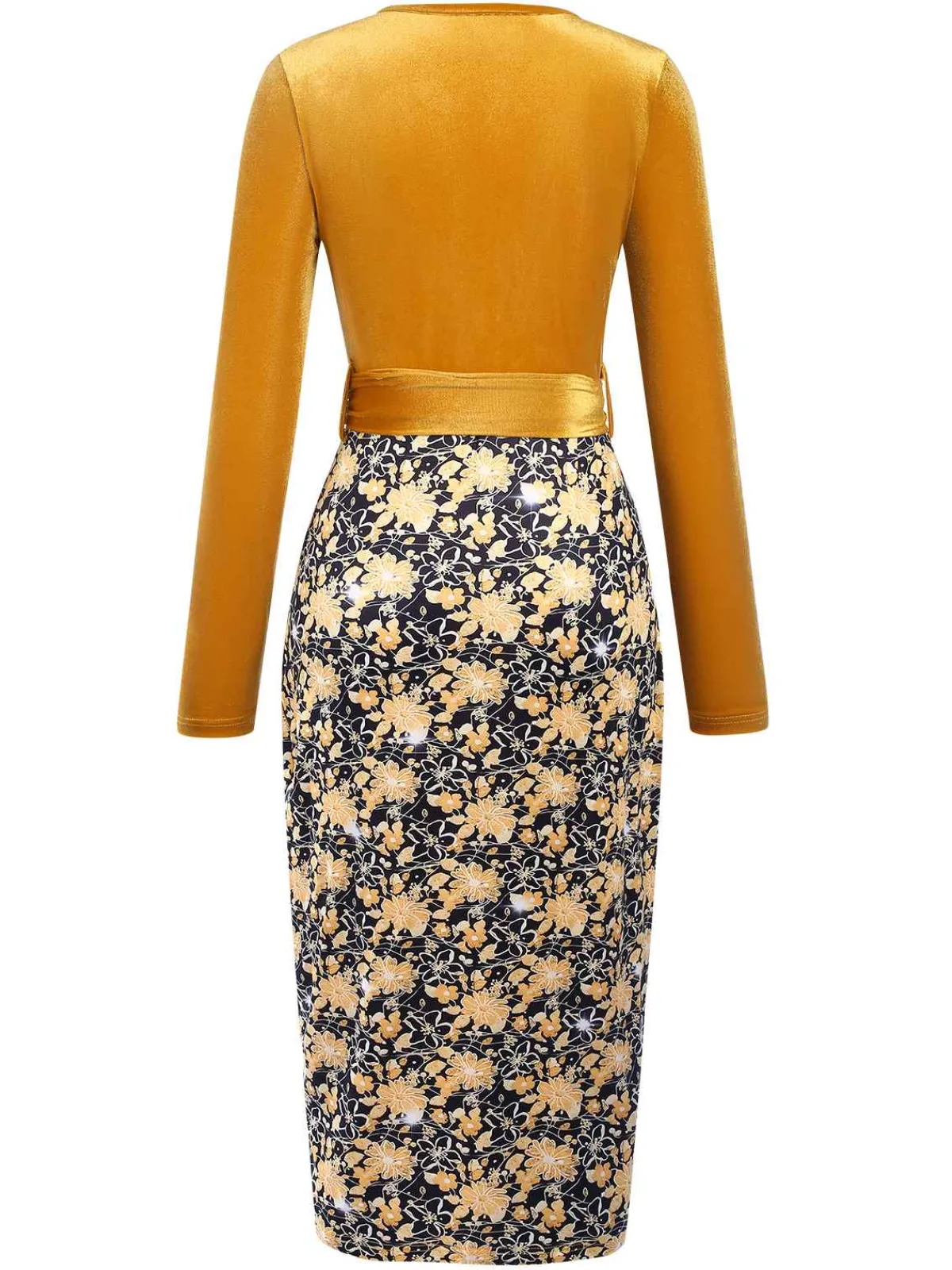 Sale Retro Stage 1960s Floral Patchwork Wrap Belted Dress Gold