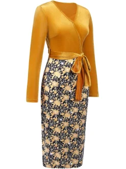 Sale Retro Stage 1960s Floral Patchwork Wrap Belted Dress Gold