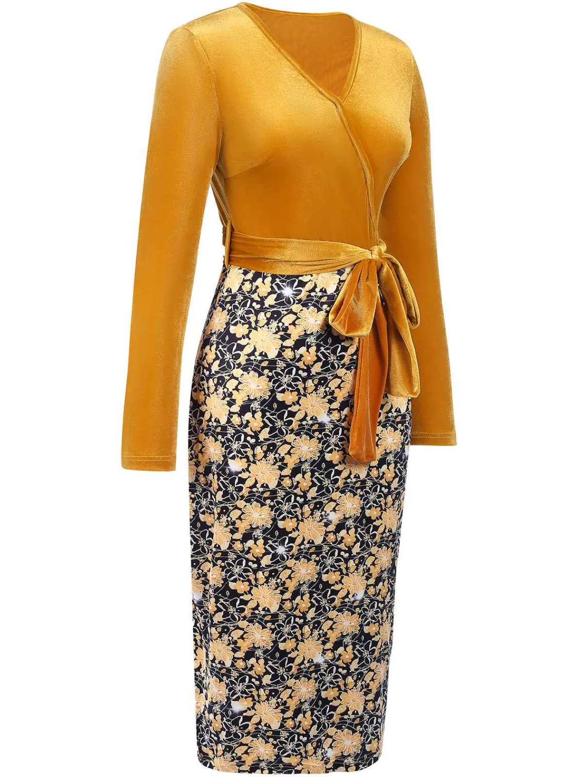 Sale Retro Stage 1960s Floral Patchwork Wrap Belted Dress Gold