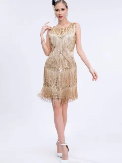 Fashion Retro Stage 1920s Gatsby Sequins Tassel Patchwork Dress Gold