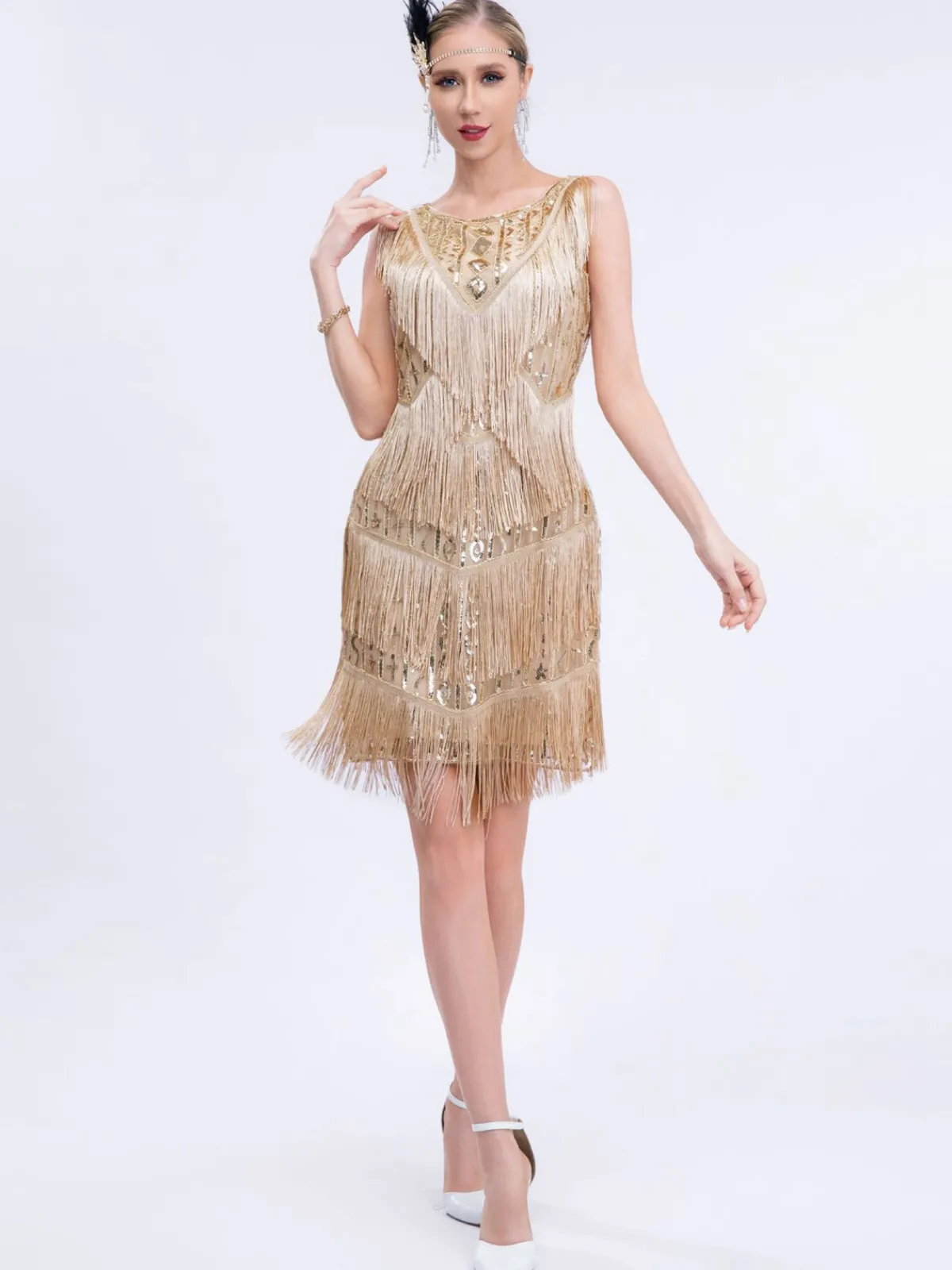 Fashion Retro Stage 1920s Gatsby Sequins Tassel Patchwork Dress Gold