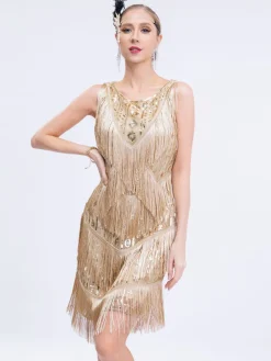 Fashion Retro Stage 1920s Gatsby Sequins Tassel Patchwork Dress Gold