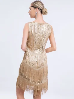Fashion Retro Stage 1920s Gatsby Sequins Tassel Patchwork Dress Gold