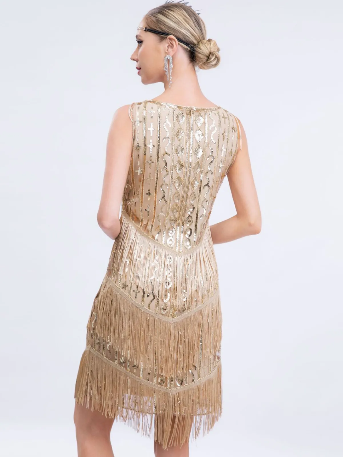 Fashion Retro Stage 1920s Gatsby Sequins Tassel Patchwork Dress Gold