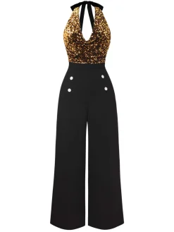 New Retro Stage Gold 1930s Halter Neck Sequined Jumpsuit