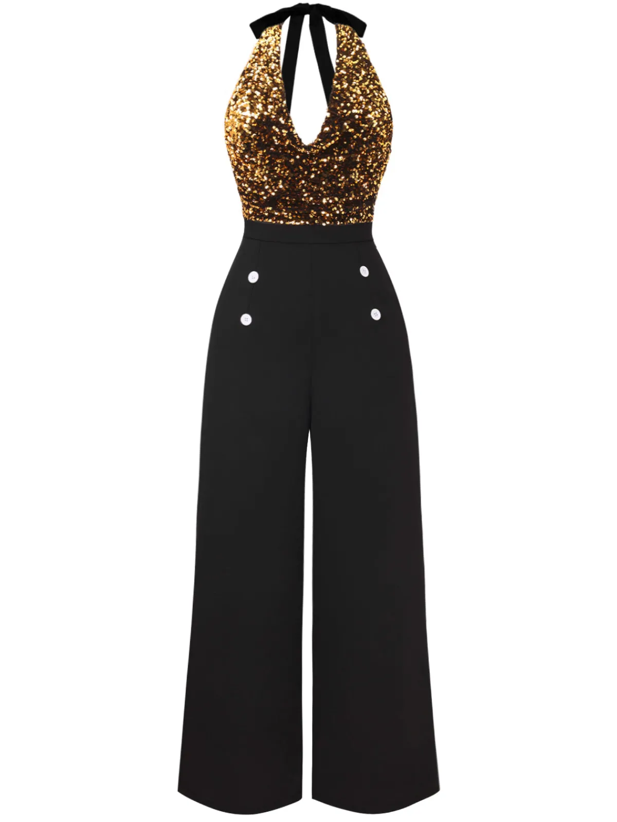 New Retro Stage Gold 1930s Halter Neck Sequined Jumpsuit