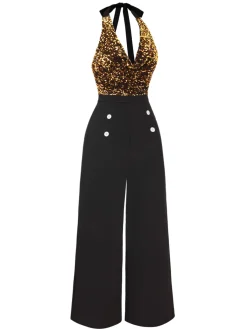 New Retro Stage Gold 1930s Halter Neck Sequined Jumpsuit