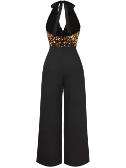 New Retro Stage Gold 1930s Halter Neck Sequined Jumpsuit