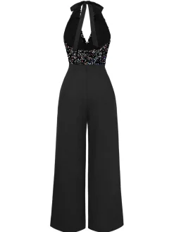 New Retro Stage Gold 1930s Halter Neck Sequined Jumpsuit