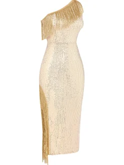 Clearance Retro Stage 1920s One Shoulder Sequined Tassel Dress Gold