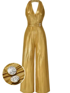 Fashion Retro Stage 1970s Solid V-Neck Halter Jumpsuit Gold