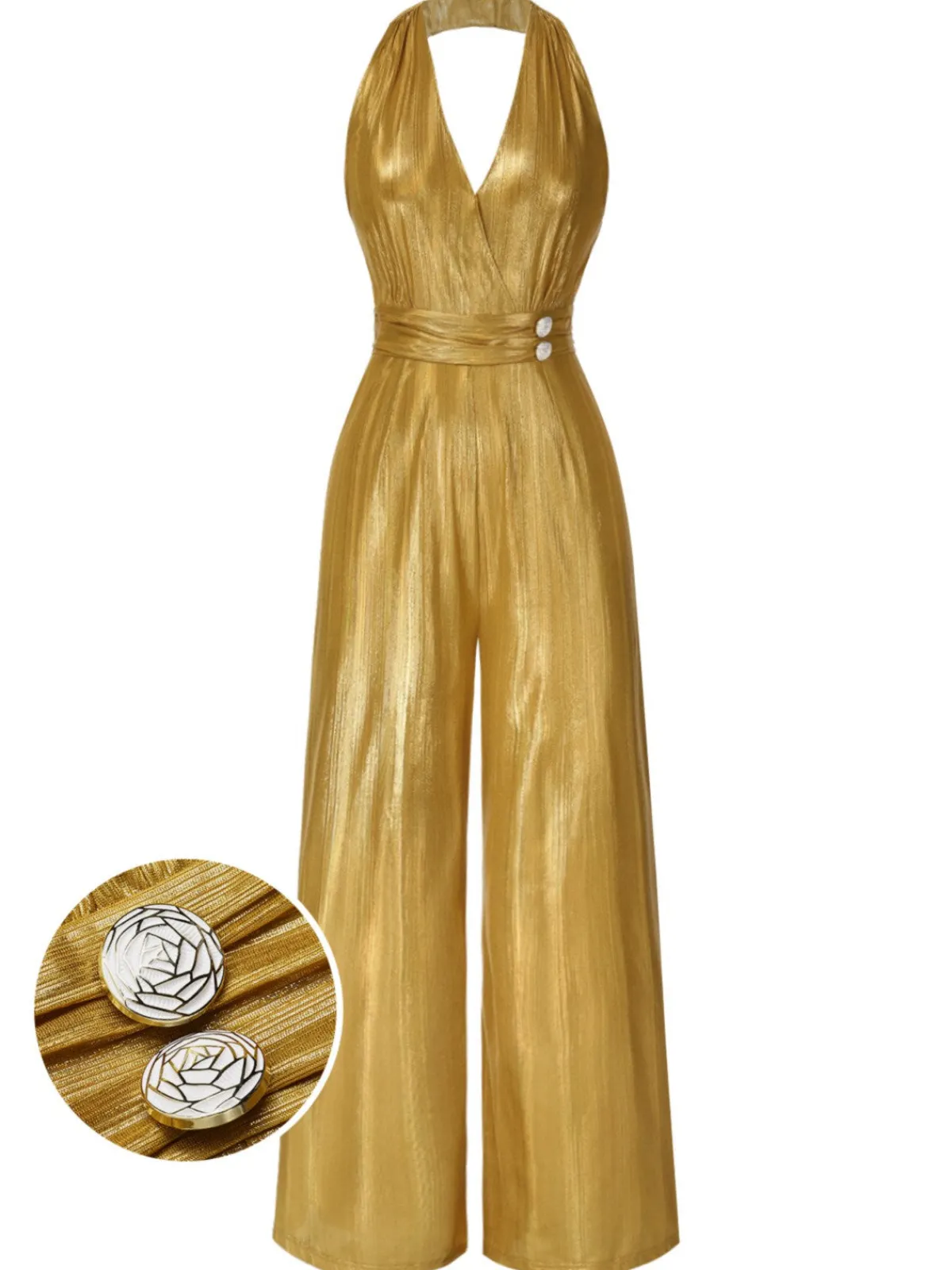 Fashion Retro Stage 1970s Solid V-Neck Halter Jumpsuit Gold
