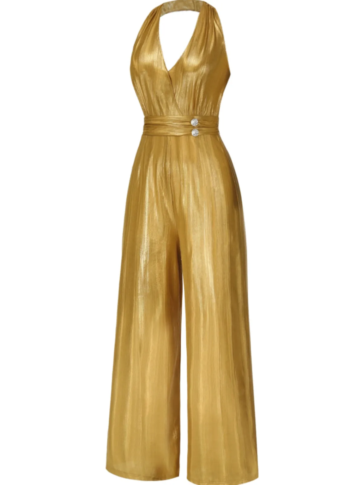 Fashion Retro Stage 1970s Solid V-Neck Halter Jumpsuit Gold