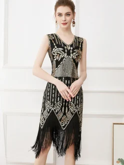 Clearance Retro Stage 1920s Tassel Sequined Sleeveless Gatsby Dress Gold