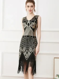 Clearance Retro Stage 1920s Tassel Sequined Sleeveless Gatsby Dress Gold
