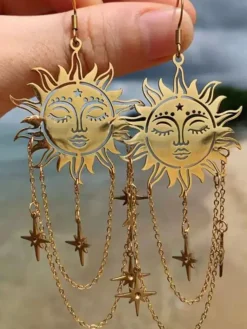 Outlet Retro Stage Gold Vintage Sun Face Chain Tarot Earrings