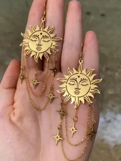 Outlet Retro Stage Gold Vintage Sun Face Chain Tarot Earrings