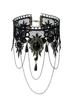 Discount Retro Stage Gothic 3D Rose & Embroidered Lace Choker Necklace