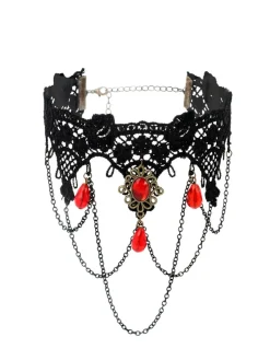 Discount Retro Stage Gothic 3D Rose & Embroidered Lace Choker Necklace