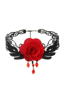 Discount Retro Stage Gothic 3D Rose & Embroidered Lace Choker Necklace