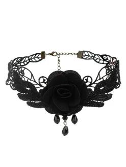 Discount Retro Stage Gothic 3D Rose & Embroidered Lace Choker Necklace