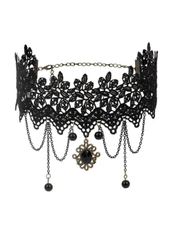 Discount Retro Stage Gothic 3D Rose & Embroidered Lace Choker Necklace