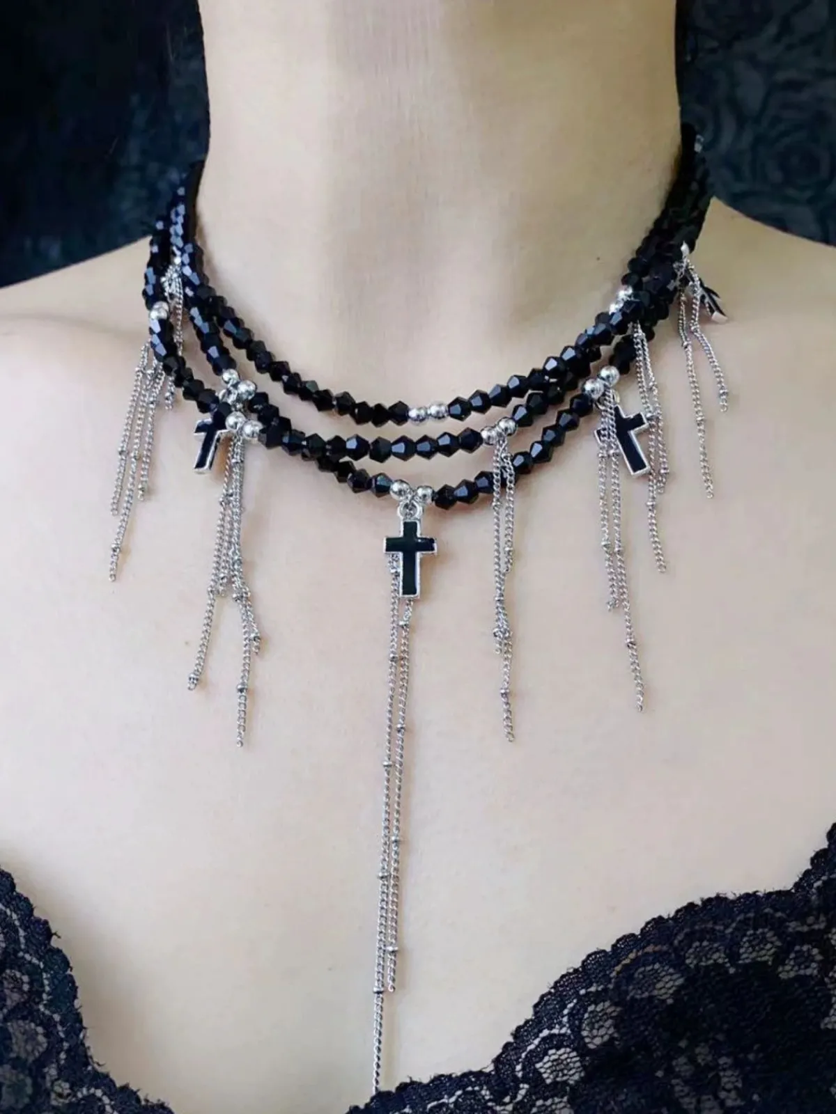Fashion Retro Stage Gothic Fringe Cross Charms Layered Bead Necklace
