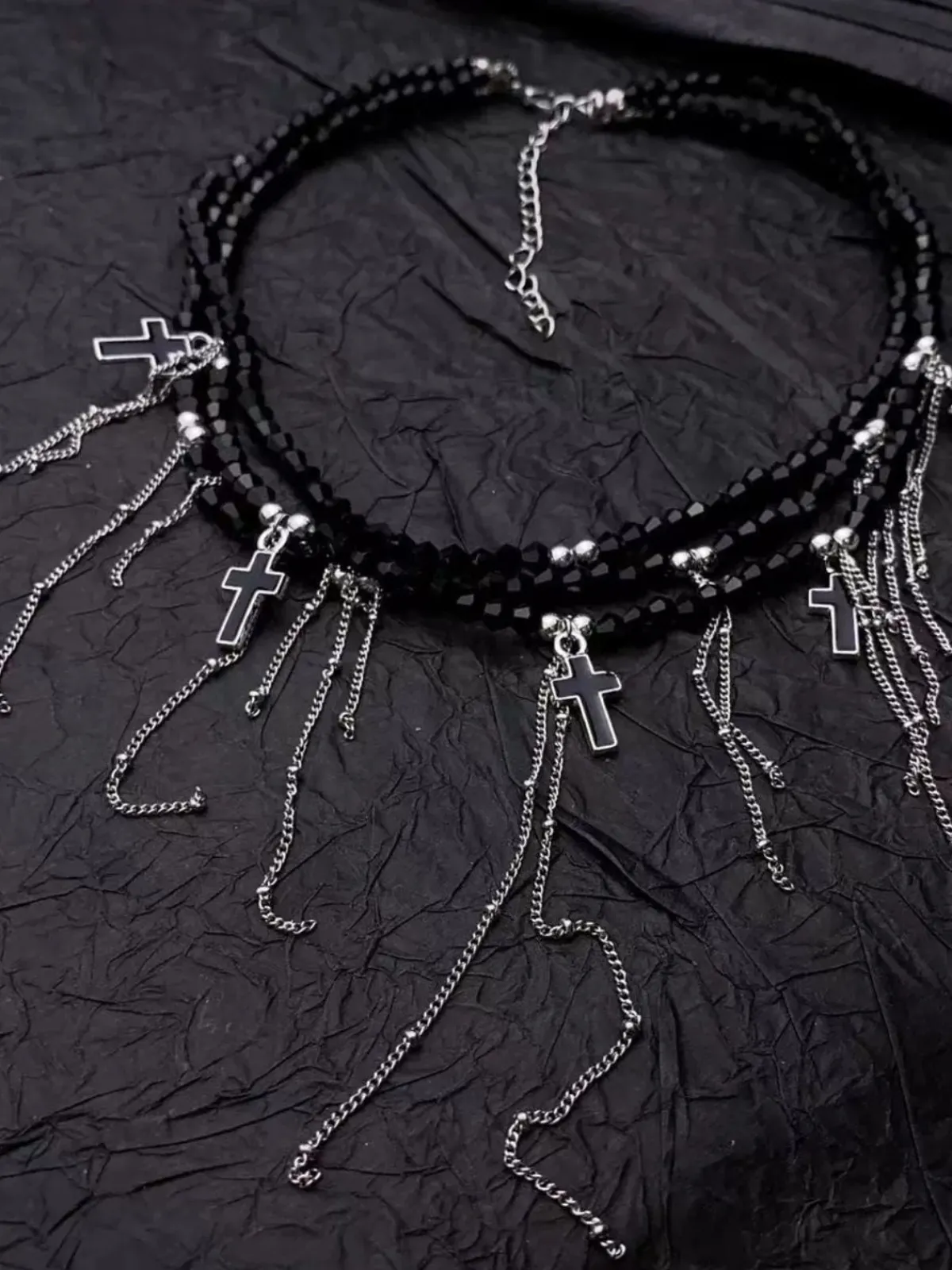 Fashion Retro Stage Gothic Fringe Cross Charms Layered Bead Necklace