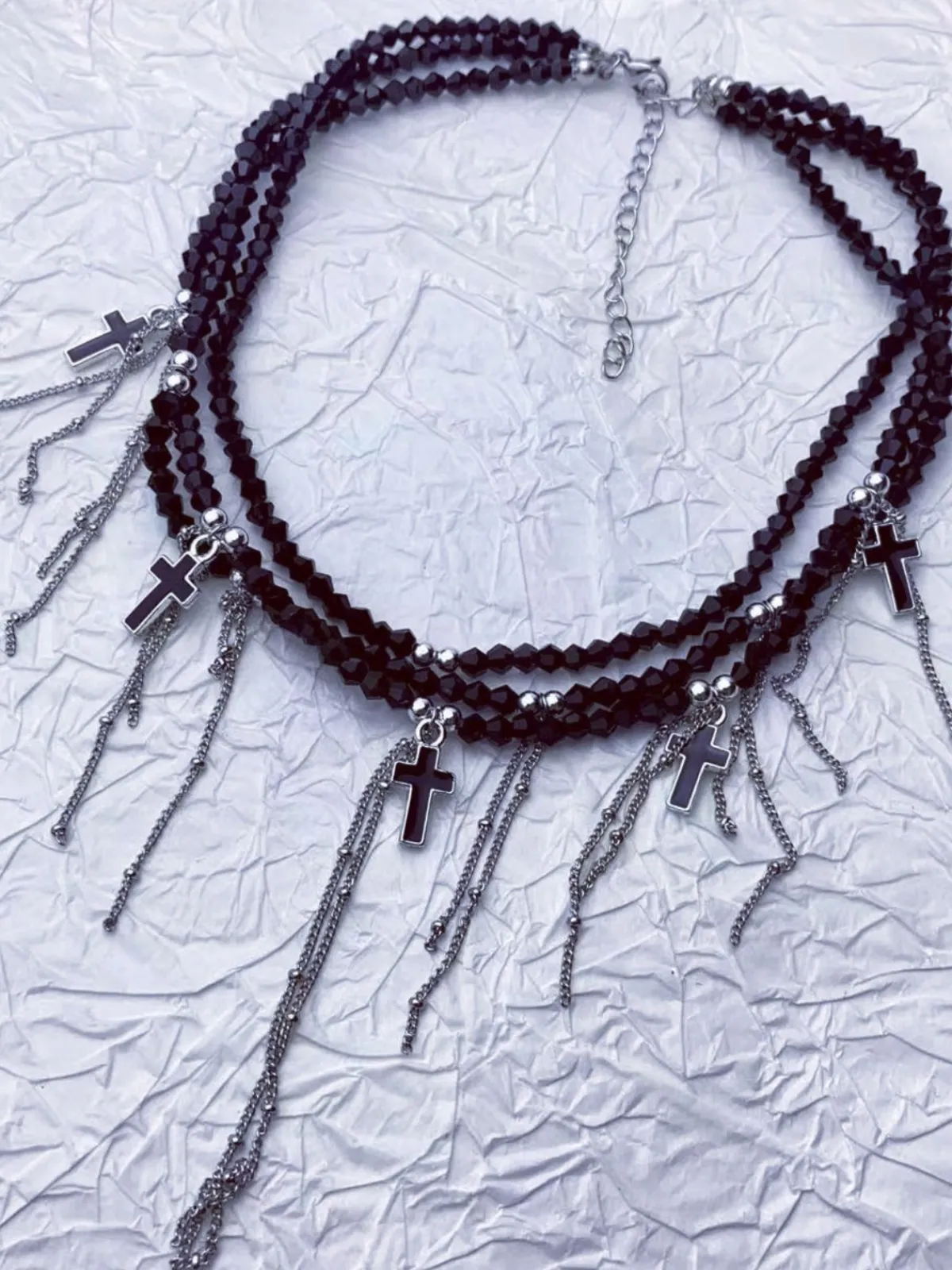 Fashion Retro Stage Gothic Fringe Cross Charms Layered Bead Necklace