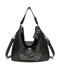 Discount Retro Stage Gothic Skull Studded Chain Hobo Bag