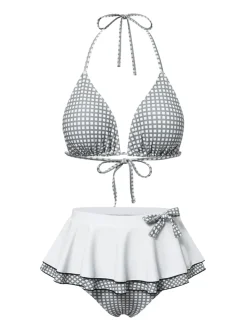Online Retro Stage 1940s Gingham Plaid Bow Halter Swimsuit Gray & White