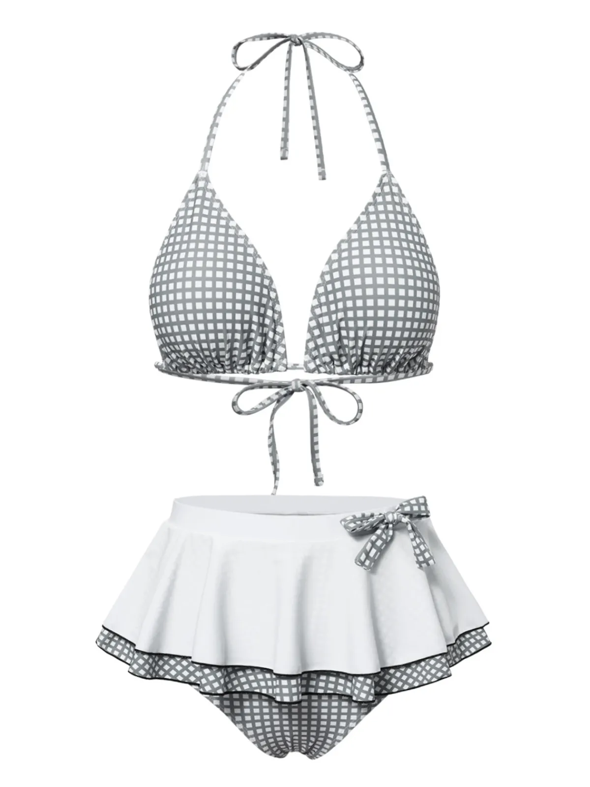 Online Retro Stage 1940s Gingham Plaid Bow Halter Swimsuit Gray & White