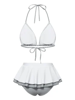 Online Retro Stage 1940s Gingham Plaid Bow Halter Swimsuit Gray & White