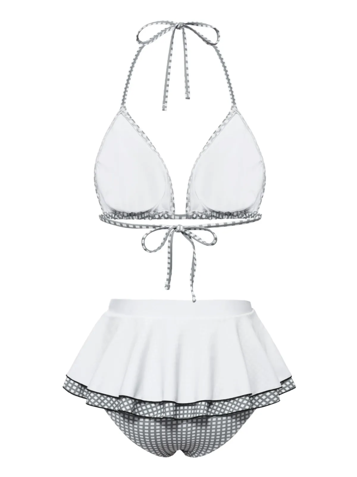 Online Retro Stage 1940s Gingham Plaid Bow Halter Swimsuit Gray & White