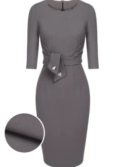 Best Retro Stage 1960s Belt Solid Pencil Dress Gray