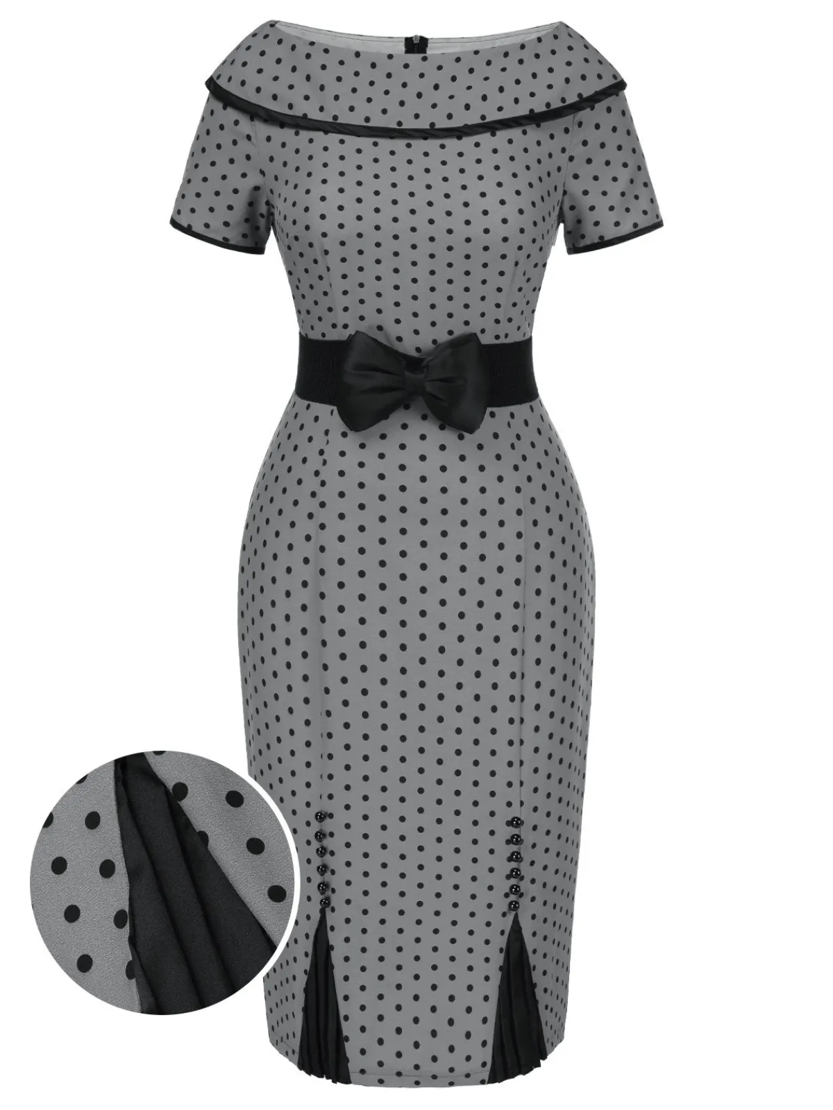 Hot Retro Stage 1960s Boat Neck Polka Dots Pencil Dress Gray