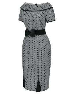 Hot Retro Stage 1960s Boat Neck Polka Dots Pencil Dress Gray