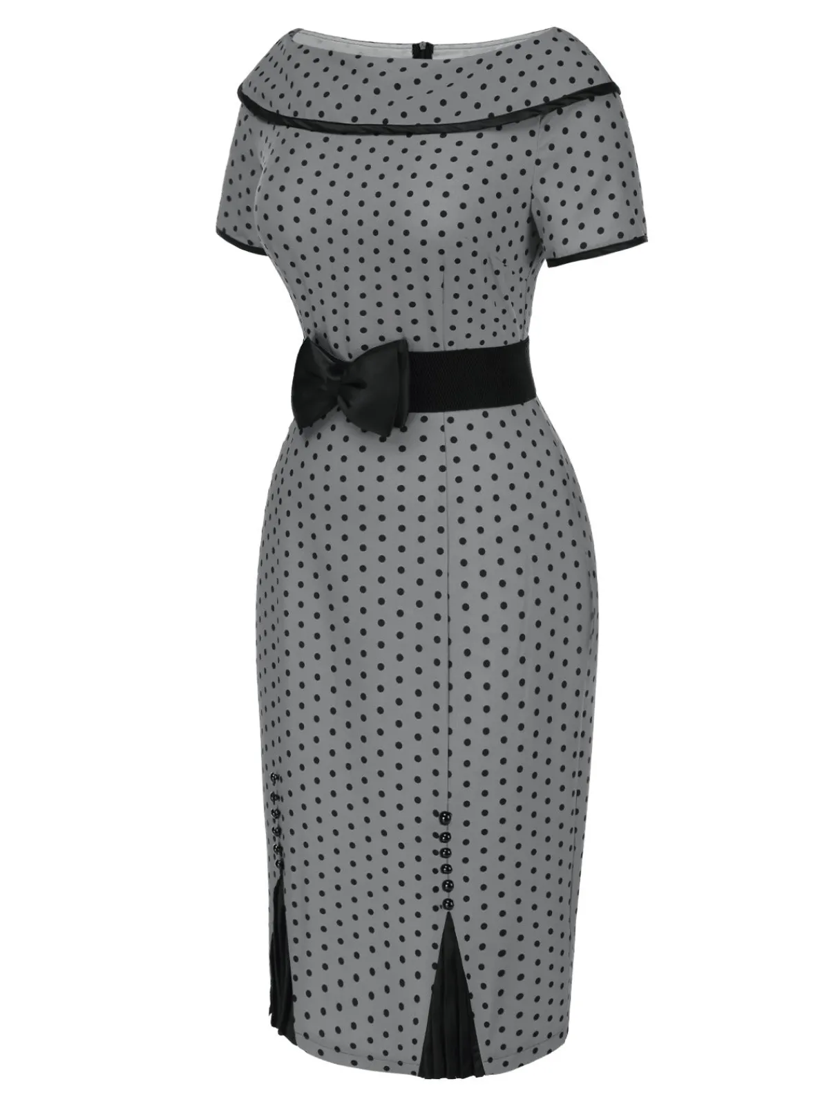 Hot Retro Stage 1960s Boat Neck Polka Dots Pencil Dress Gray