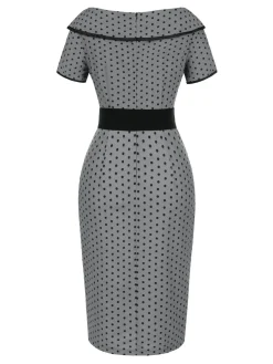 Hot Retro Stage 1960s Boat Neck Polka Dots Pencil Dress Gray