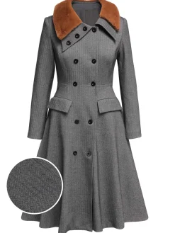 Sale Retro Stage 1930s Faux Fur Lapel Collar Coat Gray